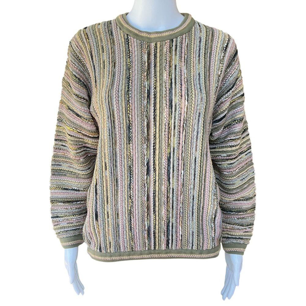 VTG Tundra Canada Sweater Women's sz L Stripe 3D Knit Cosby Coogi Biggie Hip Hop